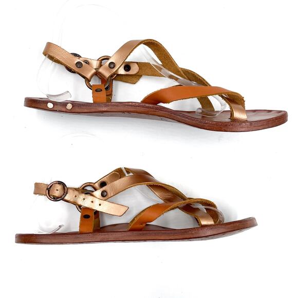 Beek Sparrow Flat Sandals Rose Gold Strappy Brown Leather Slip On Open Toe Sz 9 - Picture 8 of 12